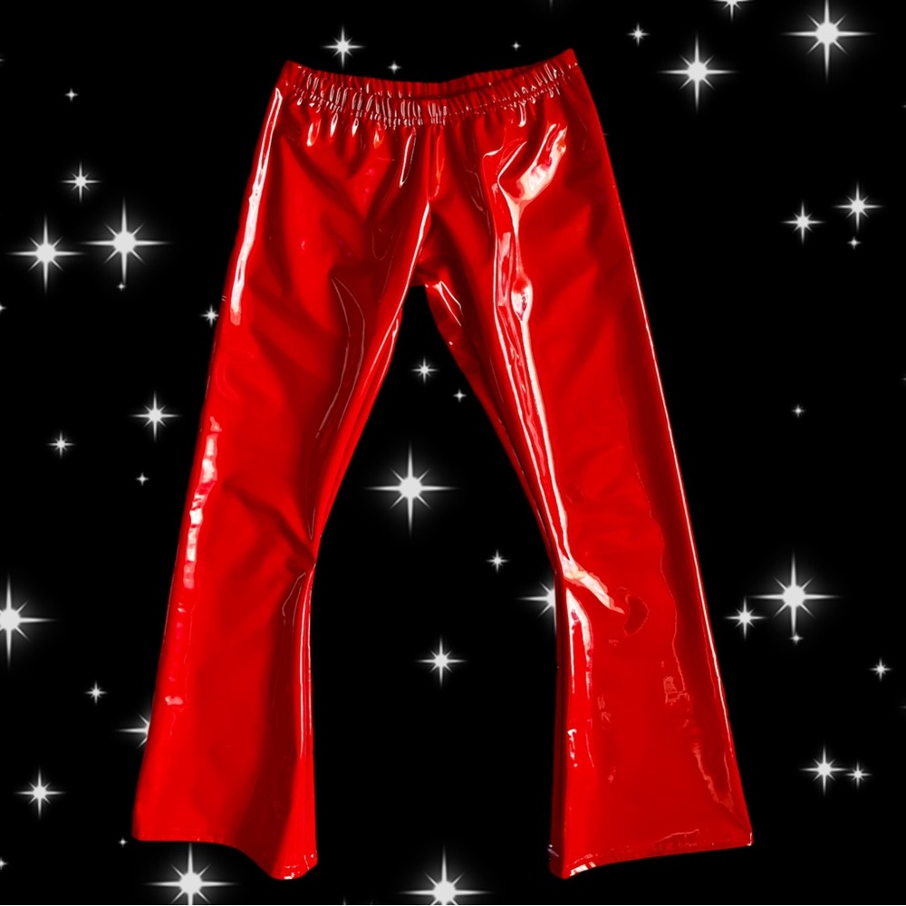 handmade red vinyl low rise pants
